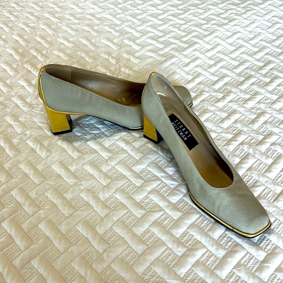 Stuart Weitzman, Sz 7, gold chunky heel taupe fabric, square toe, office siren - Picture 1 of 8